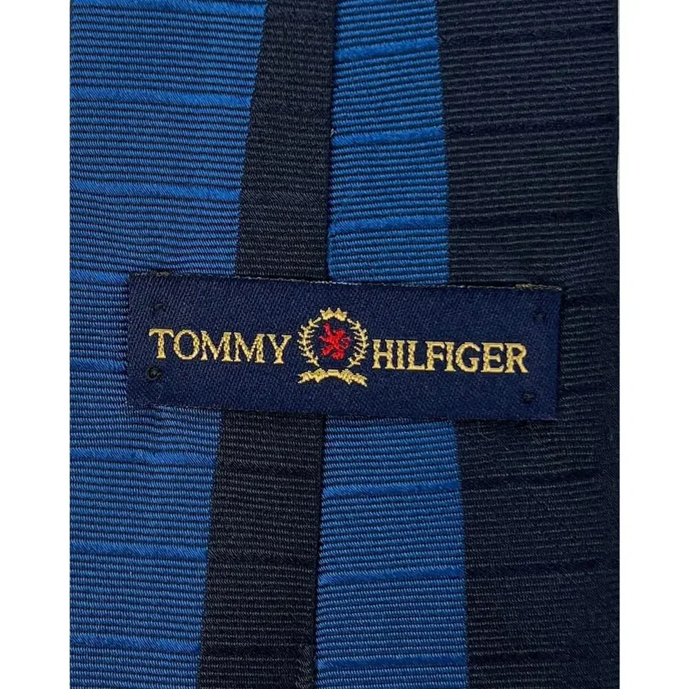 Tommy Hilfiger Silk Necktie Blue Black Colorblock Crest Logo USA Mens Tie